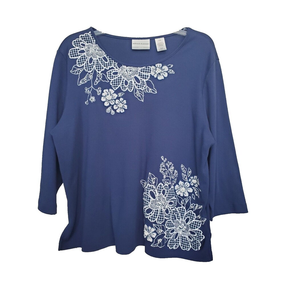 Alfred Dunner Petite Blue Embroidered Studded Floral 3/4 Sleeve Knit Top PXL
